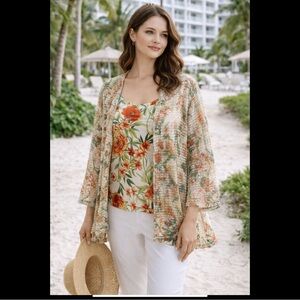 Kasper New York Easy Throw On Floral Twinset Mesh Cardigan Top L